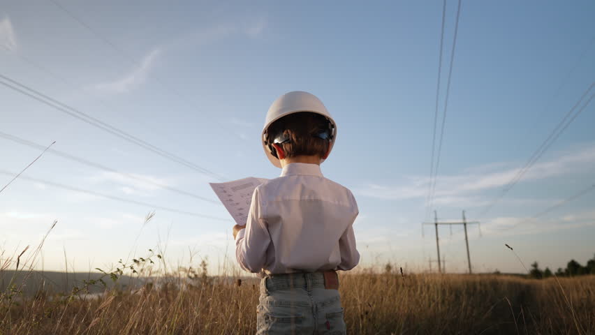 Little boy acting role of engineer or manager with safety helmet. Occupation in electrical industry, serious smart child reading documents on electric voltage towers background