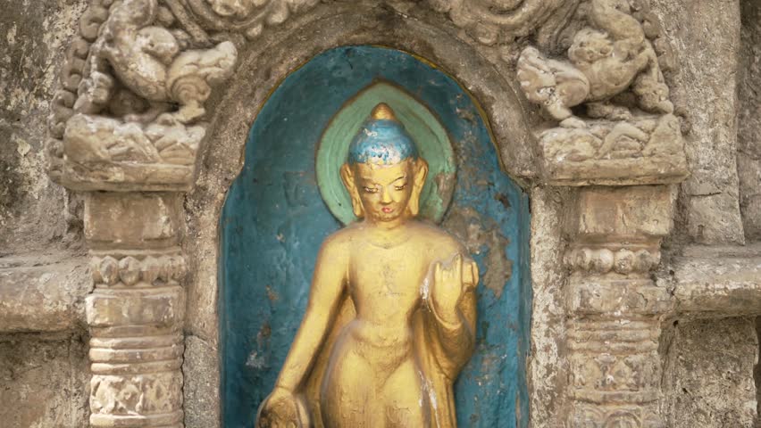 Buddha Statue at Buddhist Temple in Kathmandu Nepal, Close Up Detail of Buddhist Stone Statues at a Famous Religious Site for Buddhism Religion, Symbol of Buddhist Religion