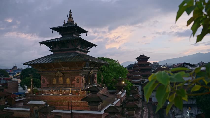 Kathmandu Buildings at Sunset in Nepal, Durbar Square Temple Under Beautiful Dramatic Sunset Sky and Clouds, Old Historic Buildings, a Popular Travel Destination and Tourist Landmark Site