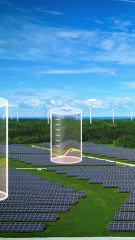 Solar panels and wind farms charging batteries for renewable, clean power - vertical aerial with animation