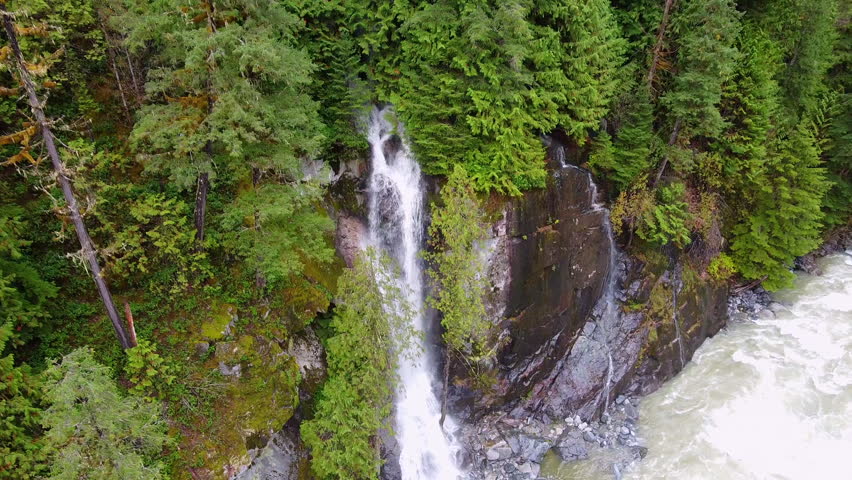 Aerial Drone Waterfall Flowing into River Dense Rainforest Pacific Northwest