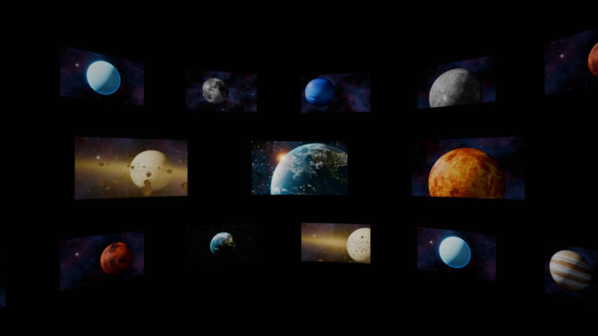 Space collage of rotating screens with 3d render planets of solar system with alpha channel. Solar system concept planet for video editing. World planet satellite, stars, nebula, galaxy, milky way