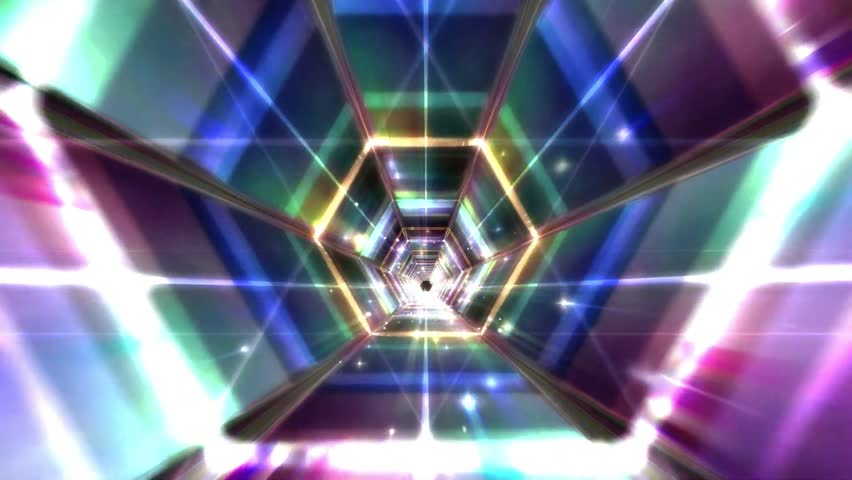 A colorful and abstract tunnel with geometric shapes and bright lights.