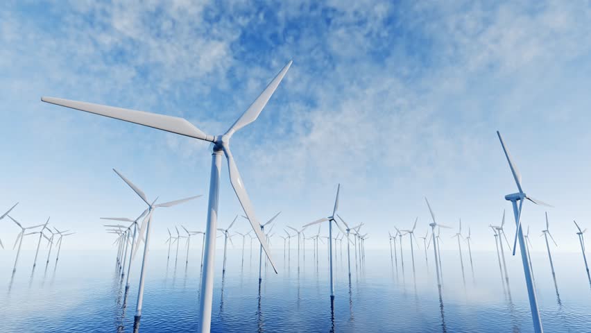 3D offshore wind farm animation with numerous turbines spinning over a calm ocean. The scene features a serene environment with a bright blue sky, highlighting 