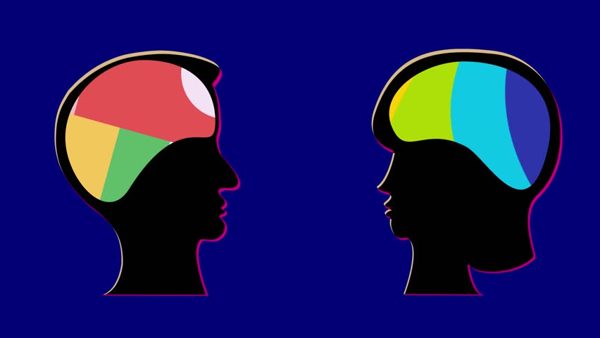 Stop motion concept of mind - female and male. with color elements