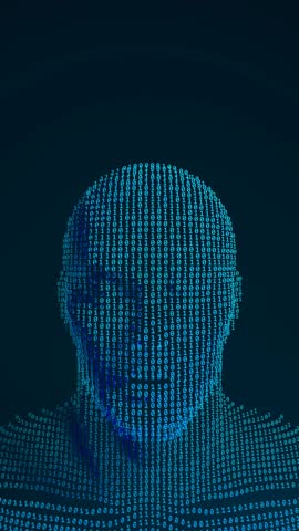 Seamless loop of binary code flowing across a dark background, creating a dynamic human silhouette with futuristic digital elements.
