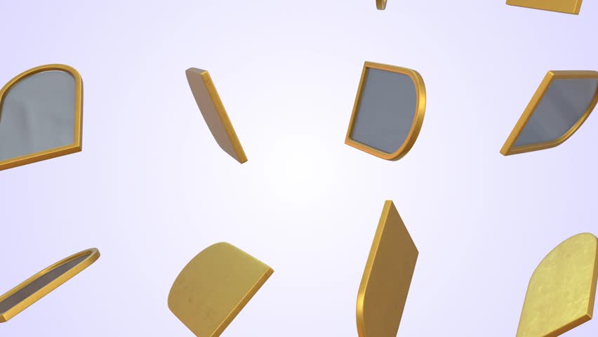 3D Mirror with a Golden Frame Falling on a Light Background. 3D Mirror Animation. 4K
