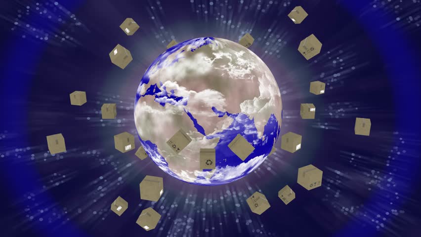  Videos. 3D illustration. Shipping around the world. Parcels rotate around the globe to be delivered.