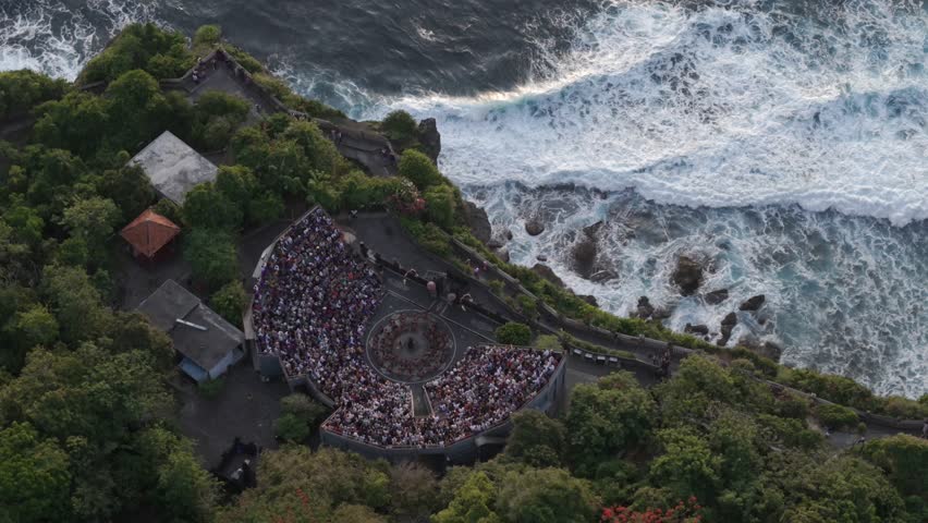 Aerial Kecak Dance Uluwatu Temple on Bali. Kecak dance is very popular cultural show on Bali.