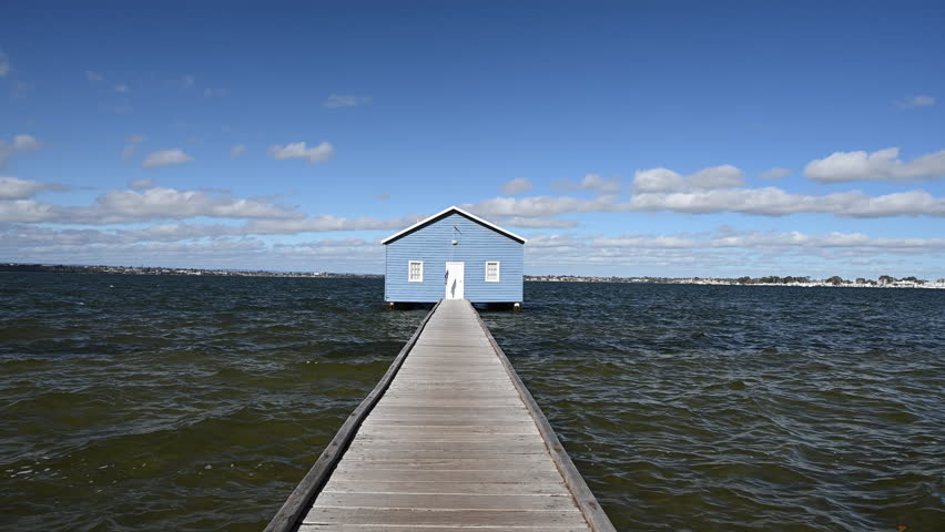 Crawley Edge Boatshed, the blue boat houes, a popular travel destination and photo object, located in Perth along the Swan River, Western Australia, Australia.