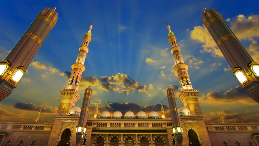Masjid Nabawi or Mosque of the Prophet Muhammad Minaret Time Lapse in Medina, Saudi Arabia. Islamic Holy Site