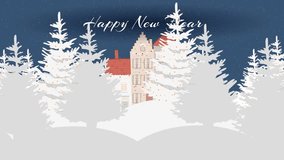 Happy new year animation. Snowy winter Europe house facade with Christmas holiday decoration and door wreath. Architecture with Xmas mood. 4K, HD video. Banner, screensaver.  - Powered by Shutterstock - Get 15% off with code: PIKWIZARD15