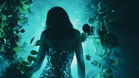 dark ghost shadow silhouette fantasy woman dancing in night club spring nature black garden fog portal arch flowers, neon blue magic light. lady dancer Gothic Girl elf princess in smoke back rear view - Powered by Shutterstock - Get 15% off with code: PIKWIZARD15