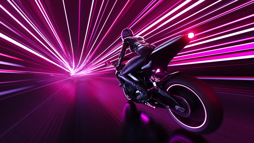 Loop A Futuristic Rider zooms on a Neon Motorcycle through a thrilling Light Tunnel of adventure. 3D Illustration