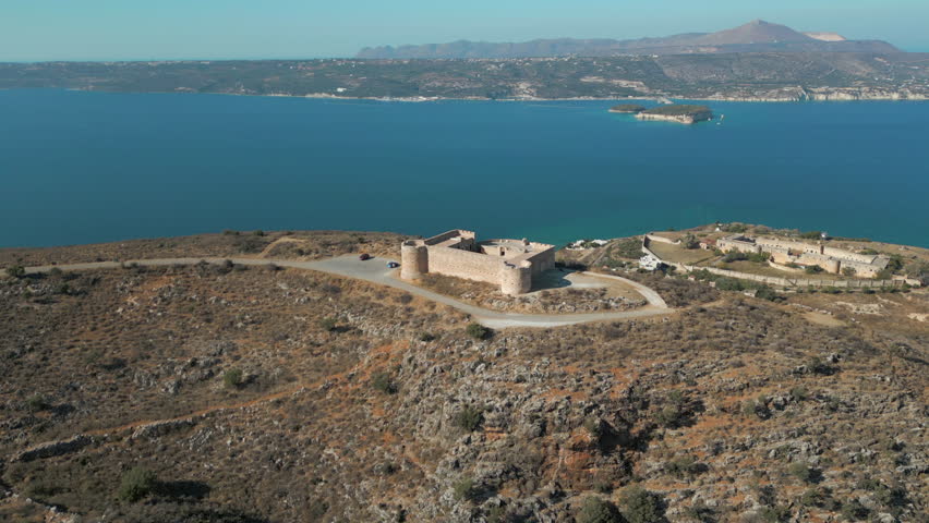 Small Ottoman Stone Fortress Above The Cretan Sea In Greece Drone Circling 4K 60FPS