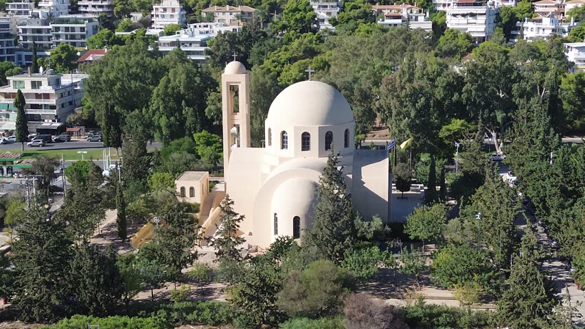 Church of Panagia Phaneromeni, Vouliagmeni, Athens, Attica, Greece. Drone footage 
