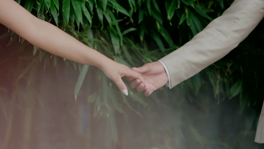 Close-up of a couple holding hands, surrounded by greenery with soft romantic lighting