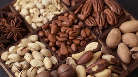 Box with various nuts cashew, macadamia, peanut, cedar, pecan, walnut, brazil, hazelnut on dark textured background - Powered by Shutterstock - Get 15% off with code: PIKWIZARD15