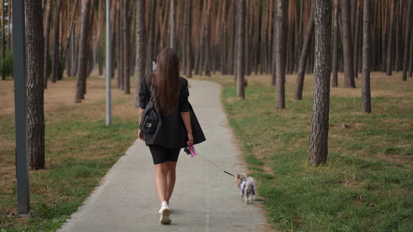 A rear view of a woman dressed in a black outfit walking her Yorkshire Terrier on a leash along a peaceful forest pathway. The serene atmosphere, tall trees, and casual stroll highlight the bond