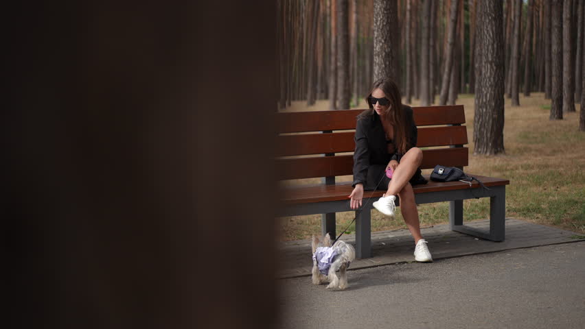 A fashionable woman in a black outfit sits on a wooden bench in a forest park, holding her Yorkshire Terrier on her lap. Wearing sunglasses, she enjoys the peaceful surroundings, with her stylish bag