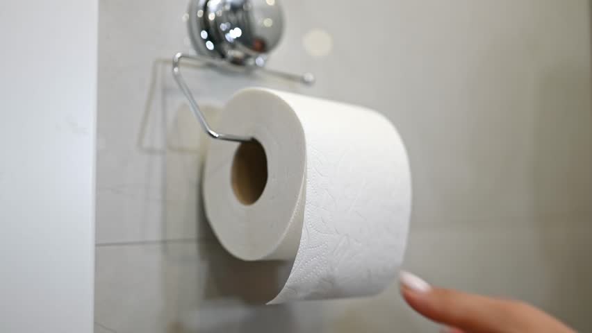 Woman Tears Off A Piece Of Toilet Paper, Roll Hangs In The Toilet
