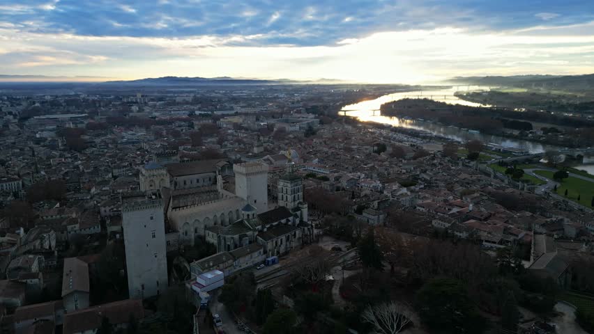 Aerial View of Avignon and Rhone River - Palais des Papes, Pont Saint-Benezet and the Historic Charm of Provence in France