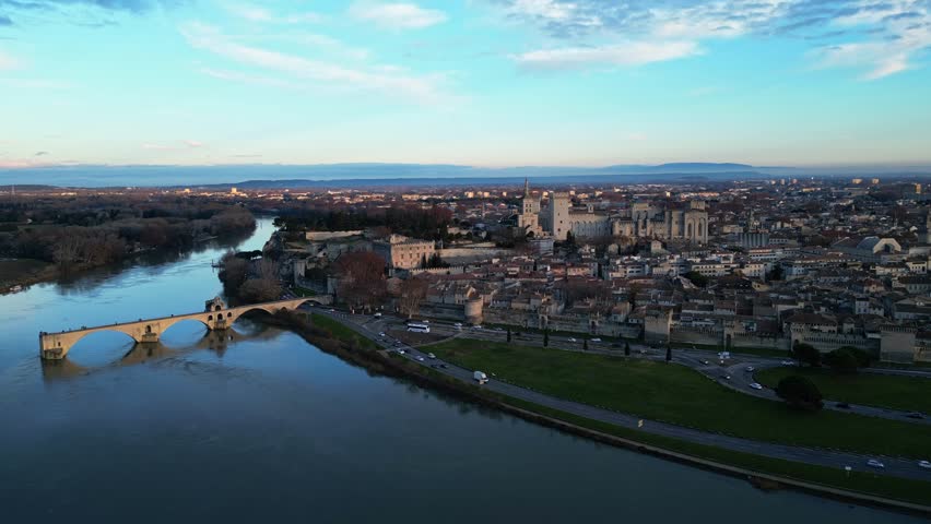 Aerial View of Avignon and Rhone River - Palais des Papes, Pont Saint-Benezet and the Historic Charm of Provence in France