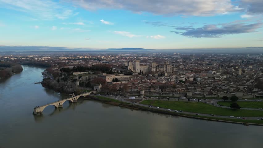 Aerial View of Avignon and Rhone River - Palais des Papes, Pont Saint-Benezet and the Historic Charm of Provence in France