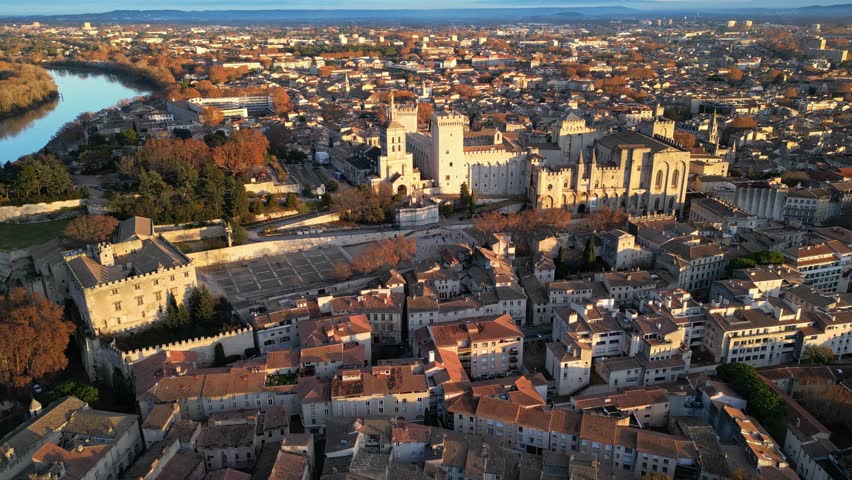 Aerial View of Avignon and Rhone River - Palais des Papes, Pont Saint-Benezet and the Historic Charm of Provence in France