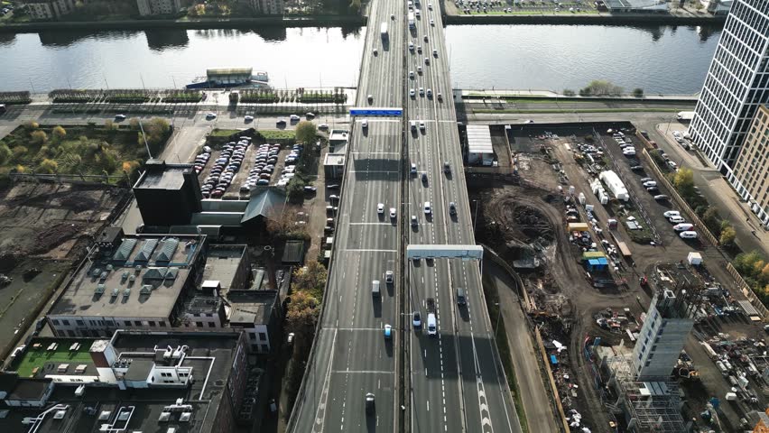 Glasgow, Scotland, Aerial View of Kingston Bridge and River Clyde Traffic