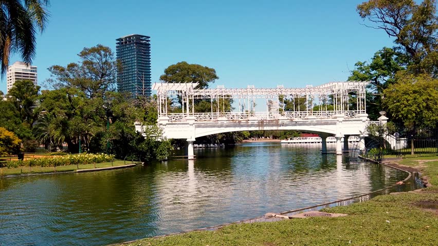 Panoramic view, White bridge crossing lake landscape in Palermo Woods Argentina city of Buenos Aires
