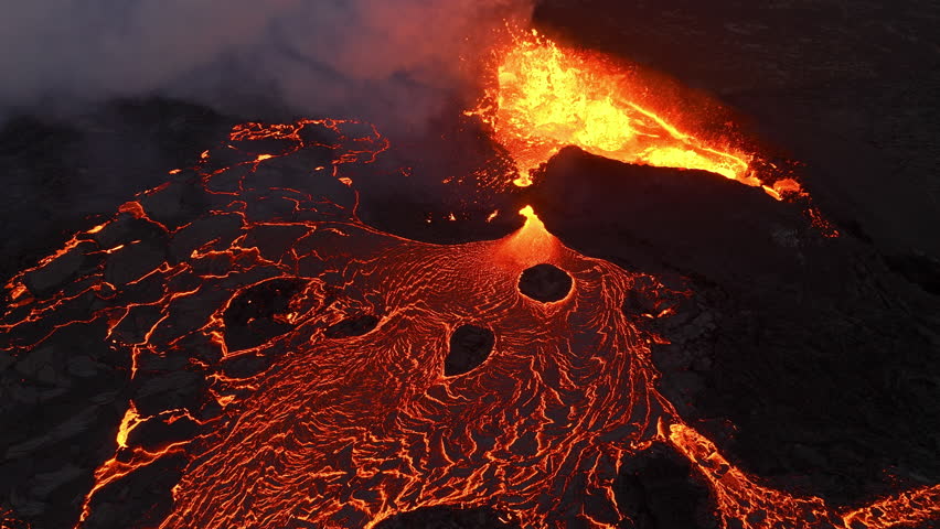 Volcano Eruption, Red Hot Burning Lava Erupts From Ground, Drone Fly Over Active Crater - Powered by Shutterstock - Get 15% off with code: PIKWIZARD15