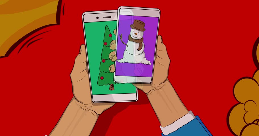 Cartoon Smartphone, comic book Telephone with Christmas decorated pine tree and Snowman. Retro animation, comics pop art video.