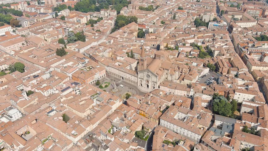 Piacenza, Italy. Cathedral of Piacenza. Episcopal Palace. Historical city center. Summer day. Stable, Aerial View