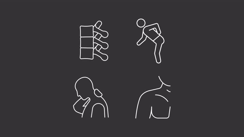 Back pain animation library. Osteoarthritis animated white line icons. Neck rheumatism, rheumatology. Spine, posture. Isolated illustrations on dark background. Transition alpha. HD video. Icon pack