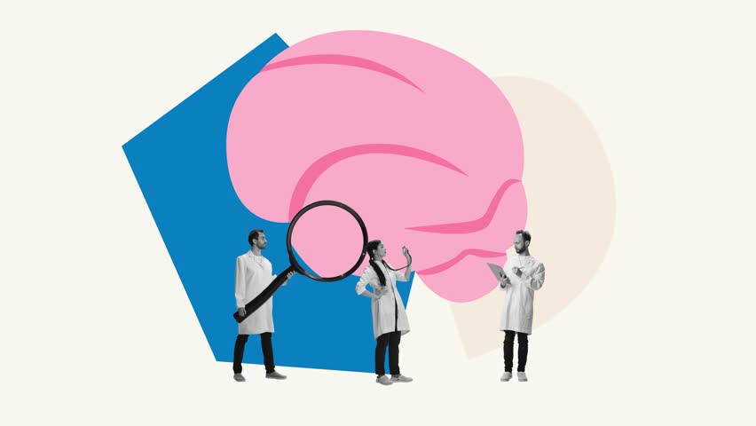 Stop motion. Animated clip. Medical workers, doctors, scientists making research on brain, discovering new treatment and human behaviour. Concept of psychology, memory, brain analysis