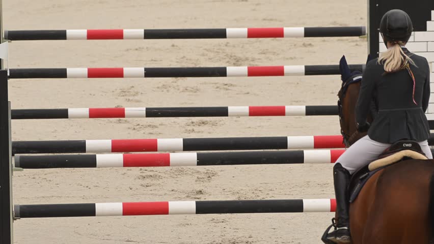 Equestrian show jumping competition showcases horse and jockey in graceful jump