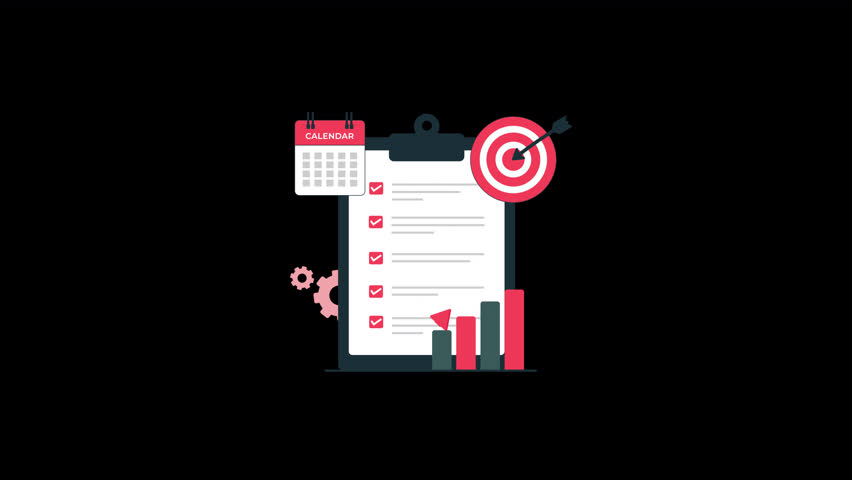 Animated Clipboard with Data Graph and Goal Arrow. Business Plan Concept Video - Transparent