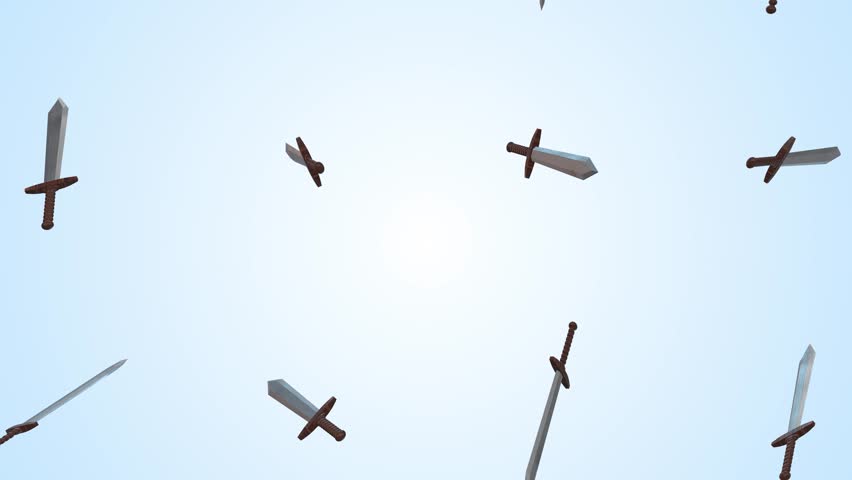 Stylized Swords Falling on a Light Blue Background. 3D Sword with Wooden Handle. 4K