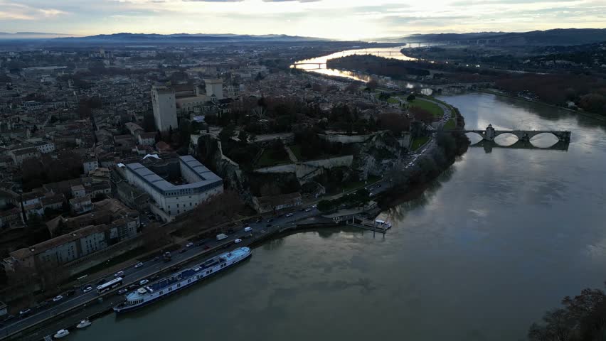 Aerial View of Avignon and Rhone River - Palais des Papes, Pont Saint-Benezet and the Historic Charm of Provence in France