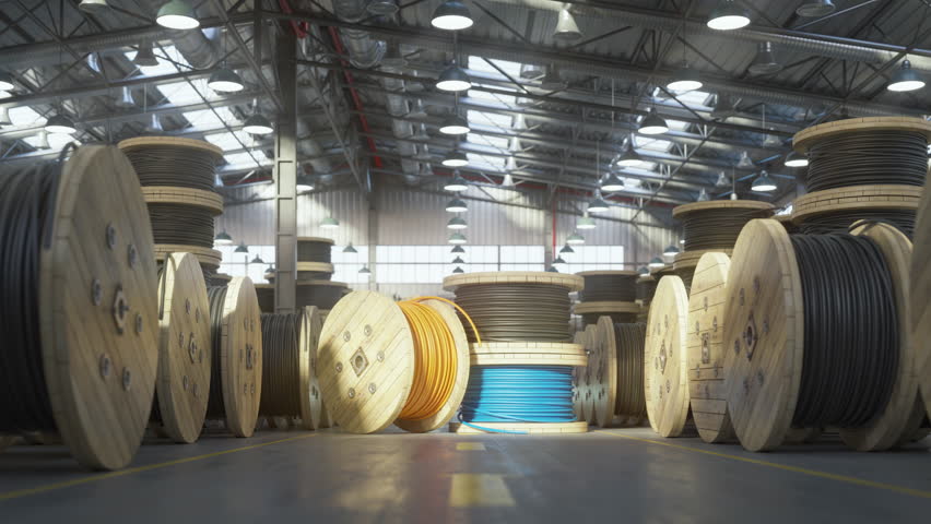 Fiber optic internet cable spools and coils in a warehouse of cable factory, 3d animation. 3D Illustration