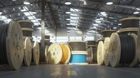 Fiber optic internet cable spools and coils in a warehouse of cable factory, 3d animation. 3D Illustration - Powered by Shutterstock - Get 15% off with code: PIKWIZARD15