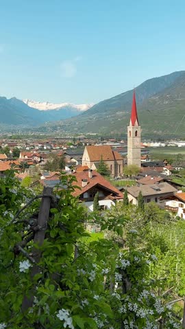 View fron Brandis Wasserfall Waterfall in Lana, south tyrol, Italy 