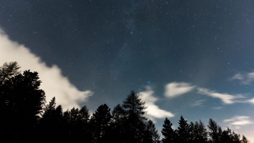 Milky Way timelapse with moving clouds above treetops in the serene Italian Alps at night