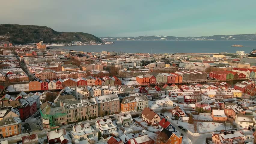 Aerial view of the city center in winter in Trondheim, Norway with snow.