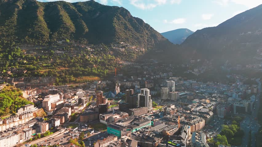 Aerial view of Andorra la Vella, the capital of Andorra, in the Pyrenees mountains between France and Spain. 
