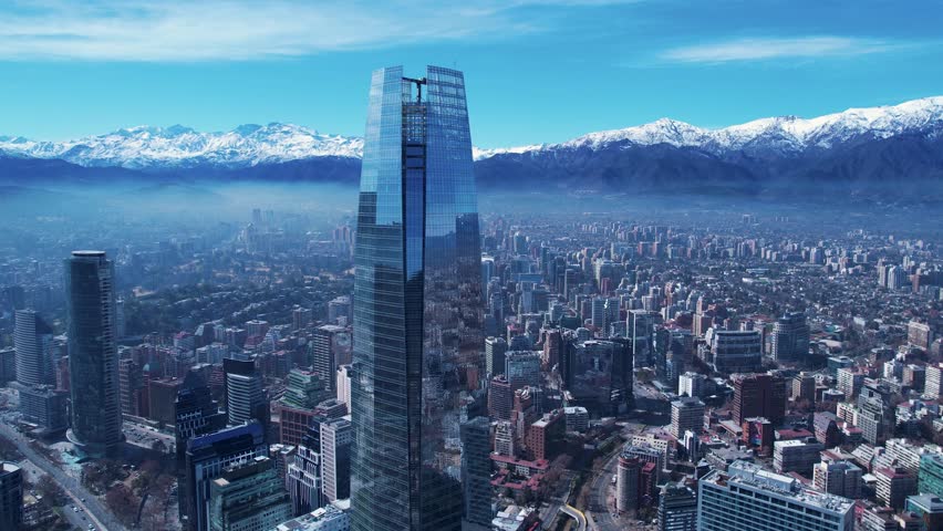 Santiago Skyline At Santiago Santiago Chile. Modern City Center With Skyscrapers Reflecting The Urban Life. Business Sky Clouds Downtown Cityscape. Business Downtown Up Above. Santiago Chile.