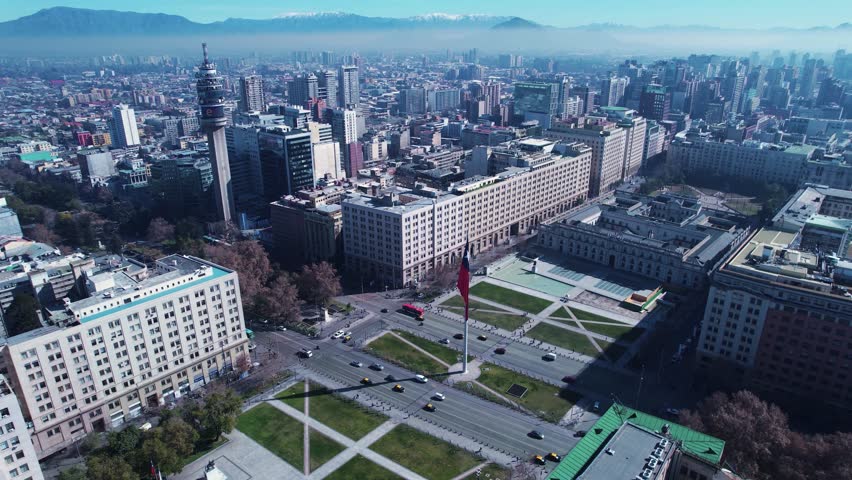 Santiago Skyline At Santiago Santiago Chile. Aerial View Of Famous Governement Building Of The Country. Town Clouds Sky Backgrounds Urban. Outdoors Backgrounds Panorama. Santiago Chile.