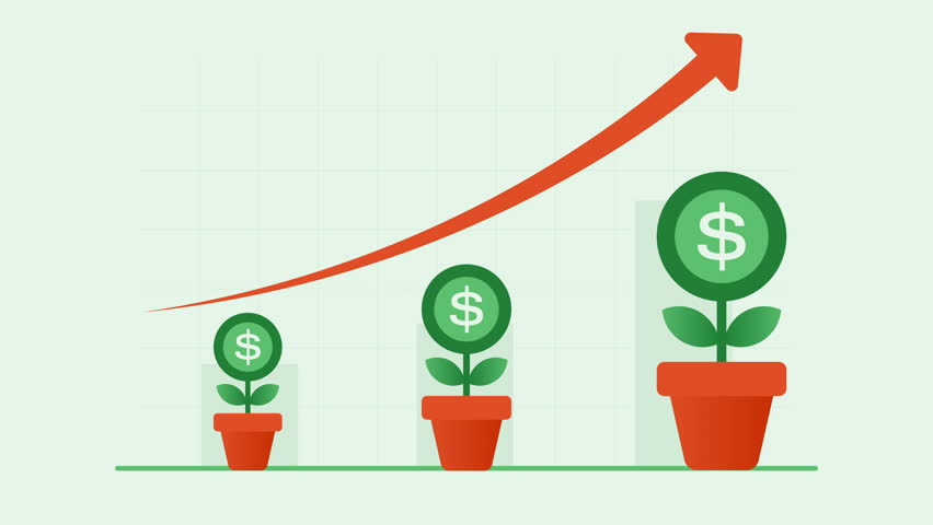 Money trees animation. Three planting pots and growing money. Growing graph colums and arrow on background. Financial investment, concept. Vector flat animation. 4K
