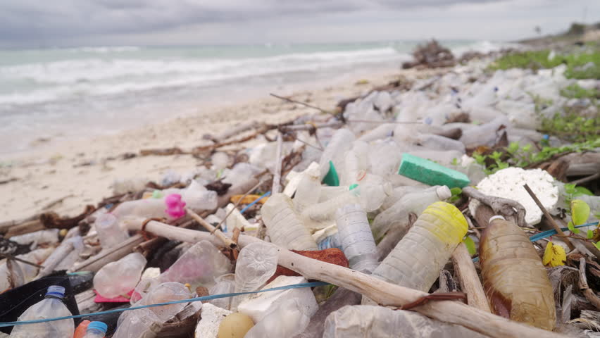 Mixed plastic waste pollution on beach, ocean in background, marine debris, water bottles